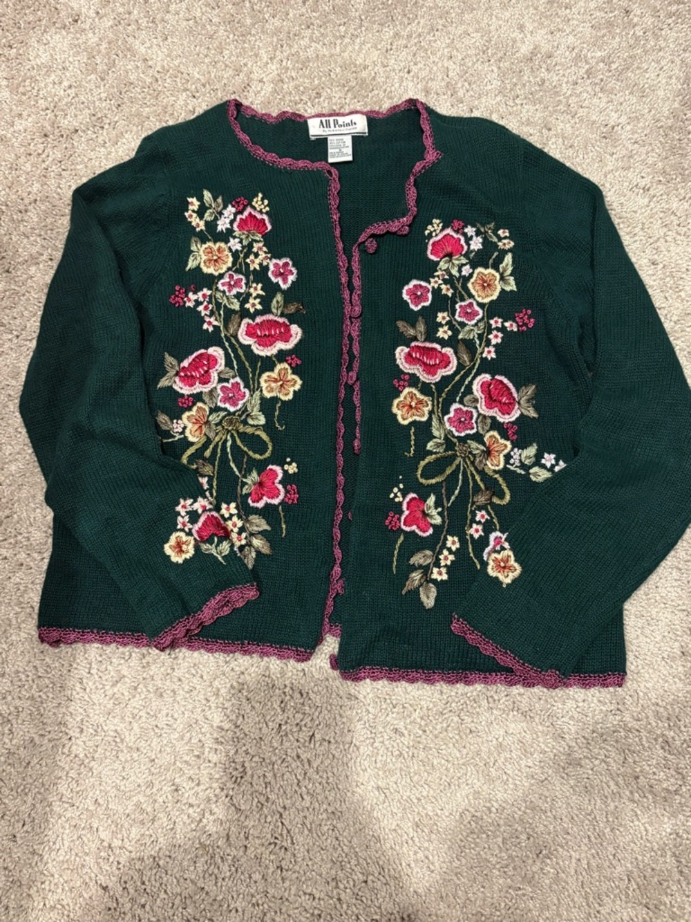 Vintage Style Floral Embroidered Cottagecore Cardigan Green Fairy Sweater Small